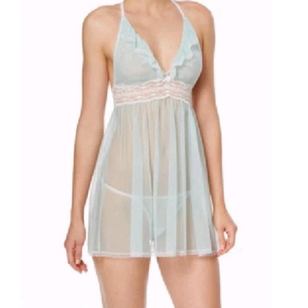 Betsey Johnson Aqua Blue Babydoll Lingerie Lace Trim Ruffle‎ Halter Y2K